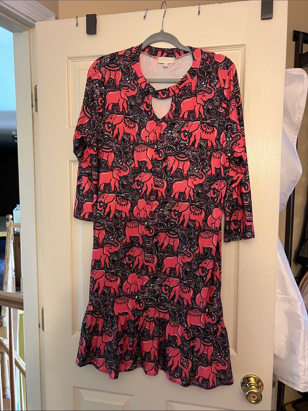 Simply Southern Elephant Print Keyhole Dress in Bright Pink and Black